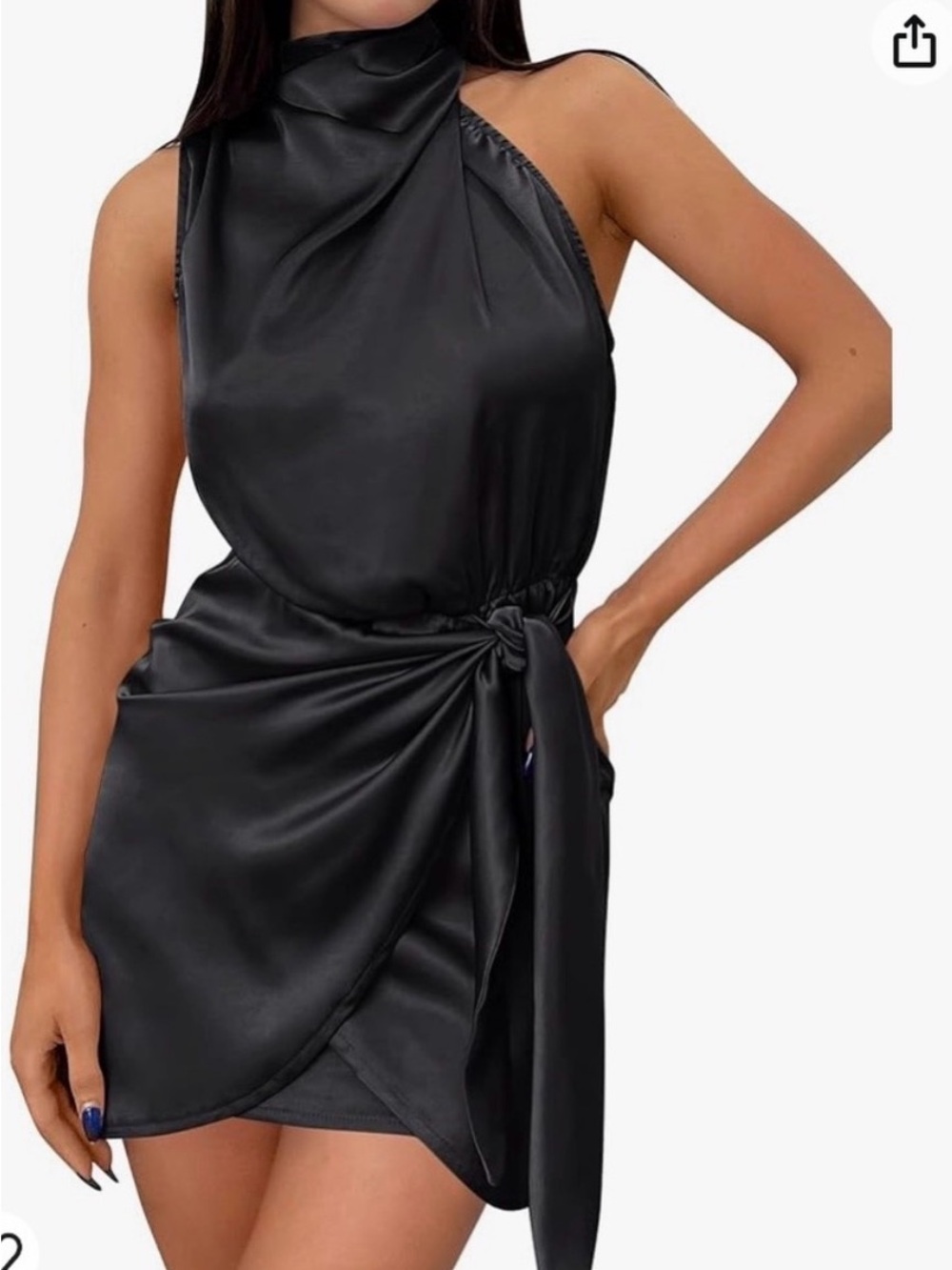 Satin High-Neck Wrap Mini Dress - Black